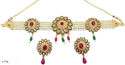 Artificial Imitation Gold Jadau Jewellery Rajputana Rajasthani Style Antique Traditional Stylish Ethnic & Party Wear Gold Plated Pearl Beaded Choker Necklace set with Earrings (MI BDD CHKR 975 RD GRN )